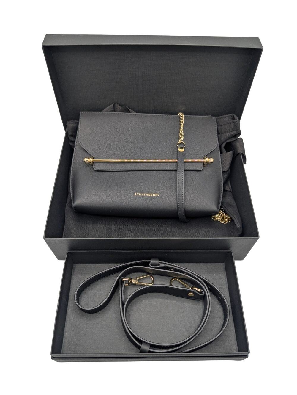 NEW Strathberry Stylist Bar Black Leather Clutch Chain Crossbody
